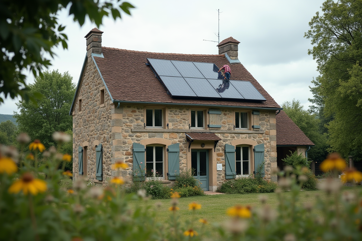 Homme installant des panneaux solaires sur une vieille ferme en campagne