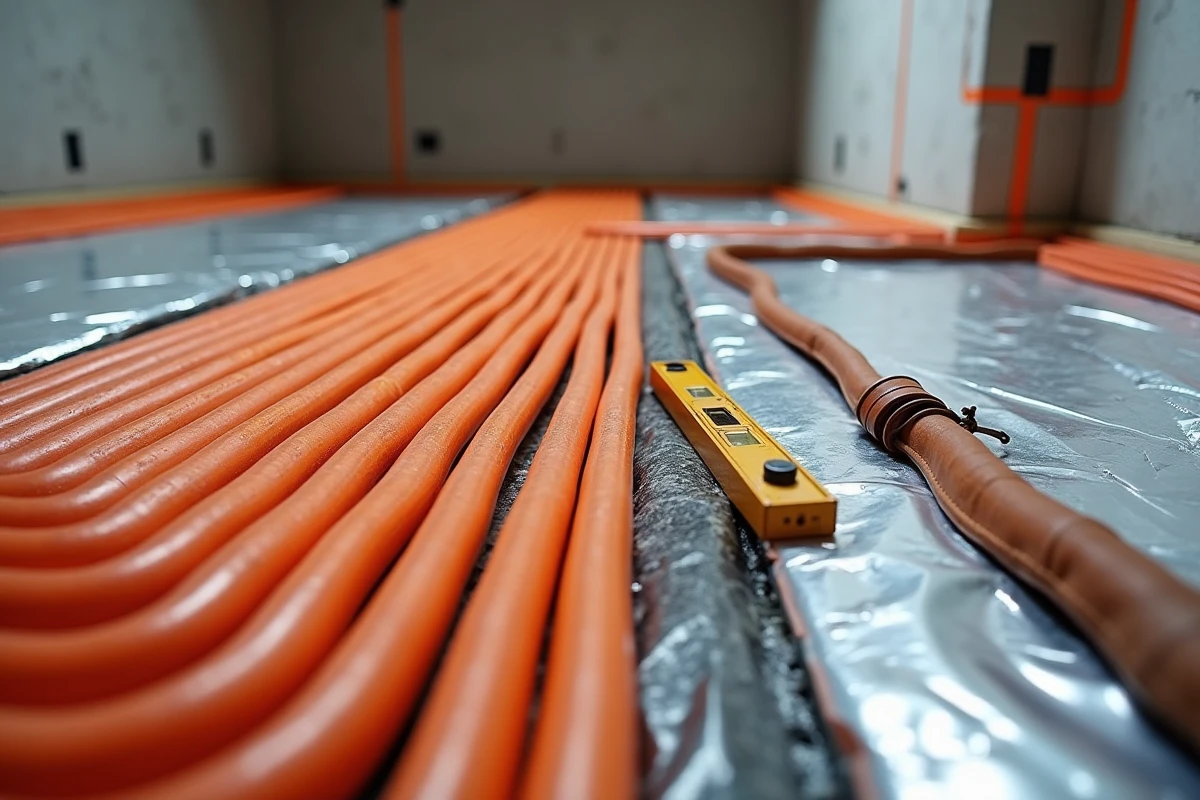 Réseau de tubes PEX en polyéthylène réticulé installé sous chape pour un plancher chauffant hydraulique lors de travaux de rénovation résidentielle
