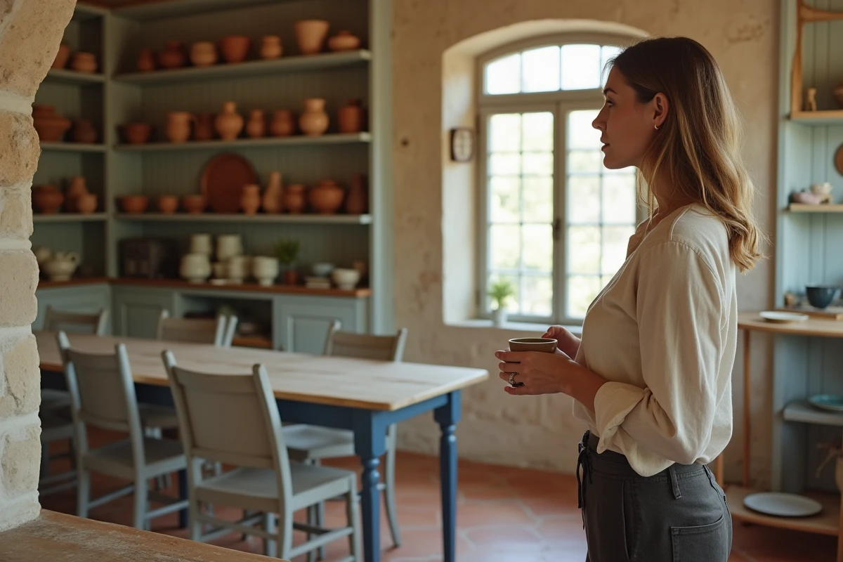 Femme dans un intérieur provençal chaleureux de À La Porte Bleu tenant une tasse de café entourée de décoration artisanale