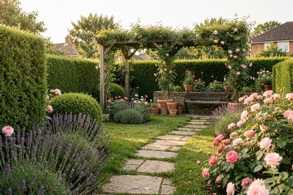 Jardin extérieur soigné avec pergola en bois, allée en pierre, haies taillées et massifs de fleurs colorées