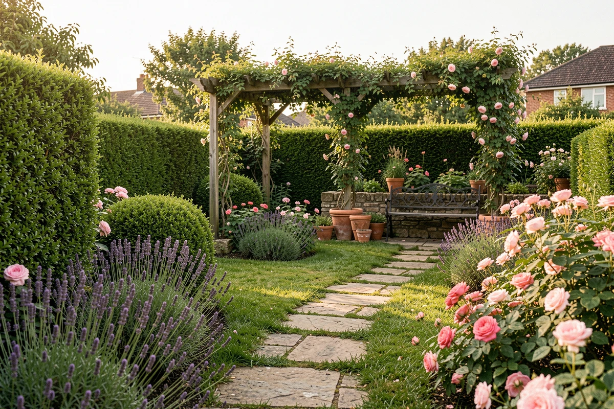 Jardin extérieur soigné avec pergola en bois, allée en pierre, haies taillées et massifs de fleurs colorées