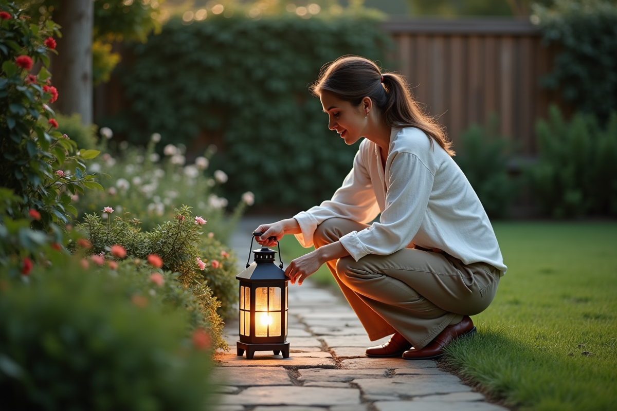Femme ajustant une lanterne dans un jardin serein
