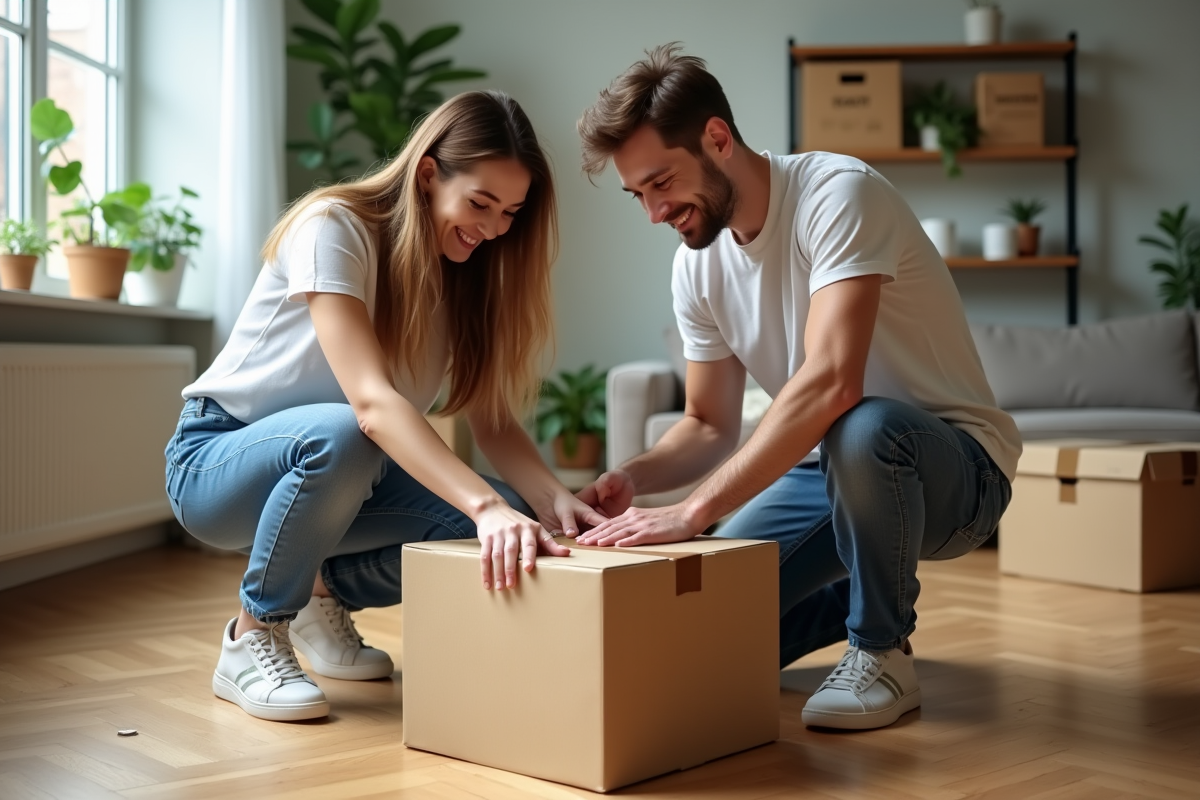 Jeune couple déballant des cartons dans un appartement moderne