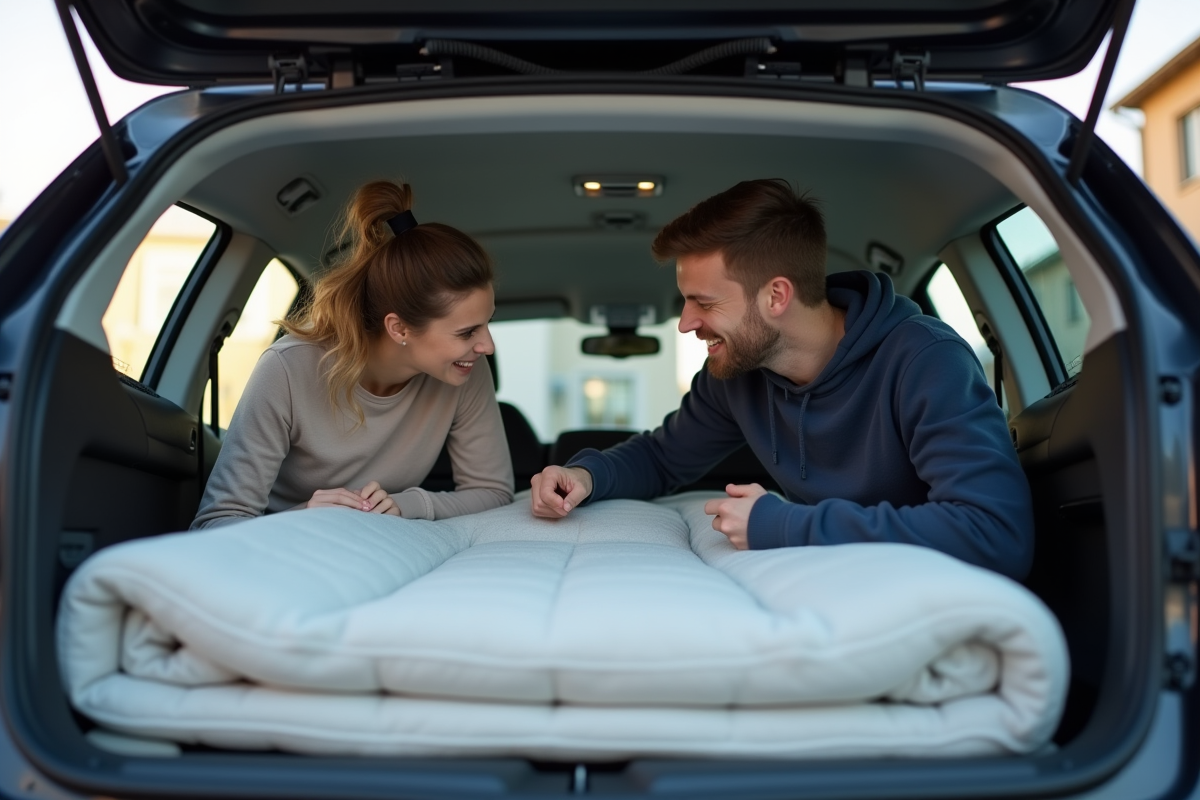 Jeune couple chargeant un matelas dans une voiture en ville