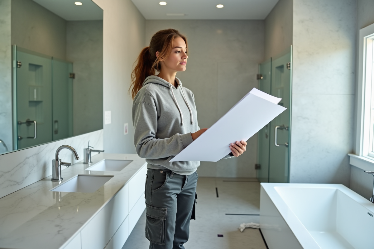 Jeune femme en vêtements de chantier examine des plans dans une salle de bain moderne