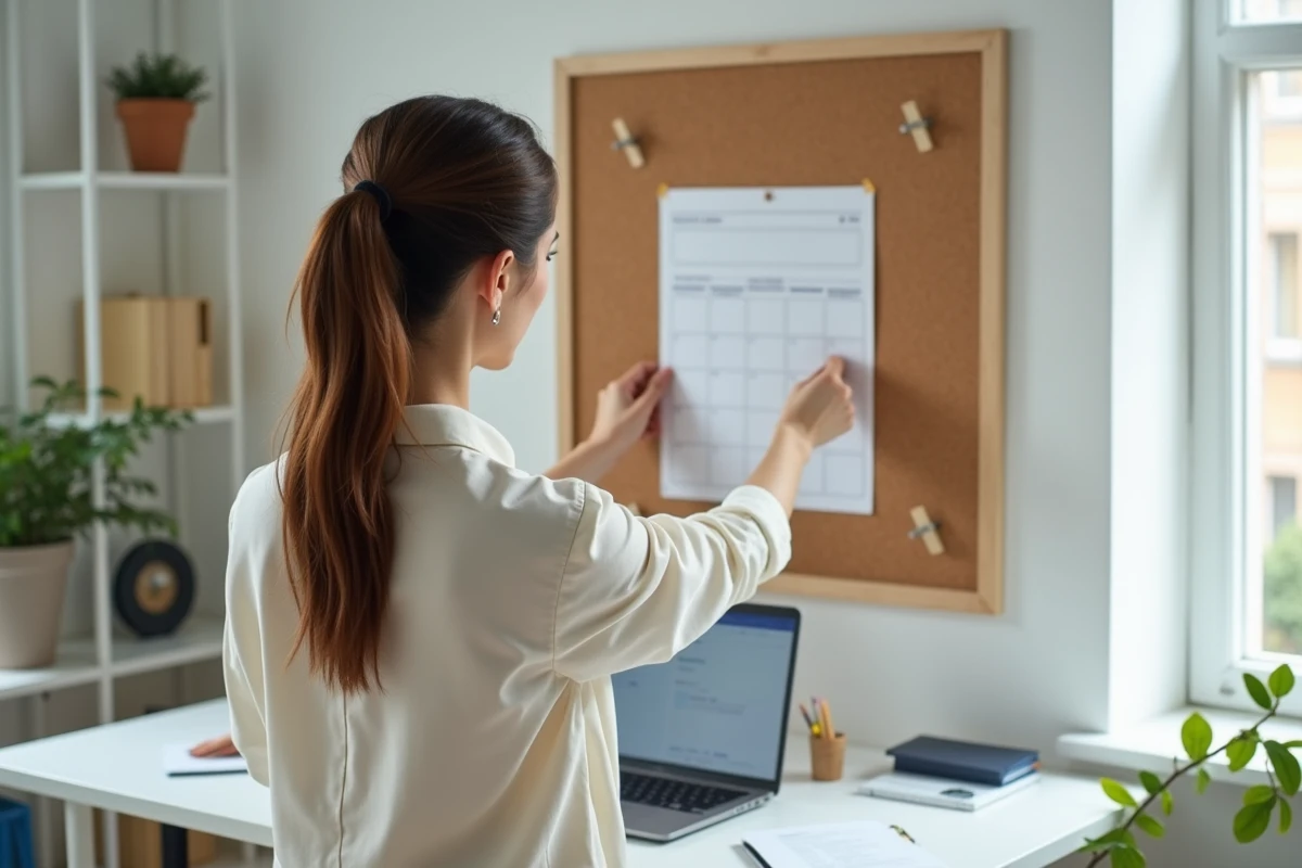 Jeune femme &eacute;pinglant un planner sur un tableau dans un bureau cosy