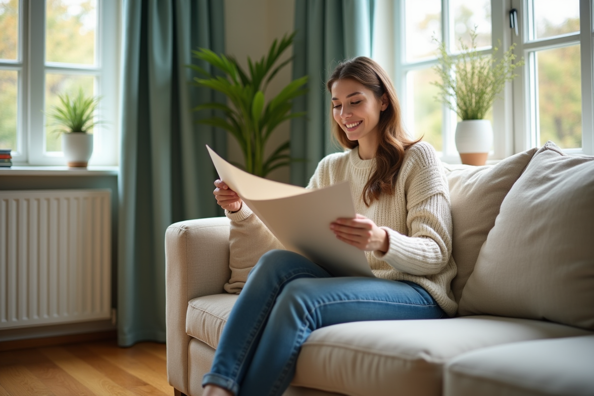 Jeune femme compare tissus de rideaux dans son salon