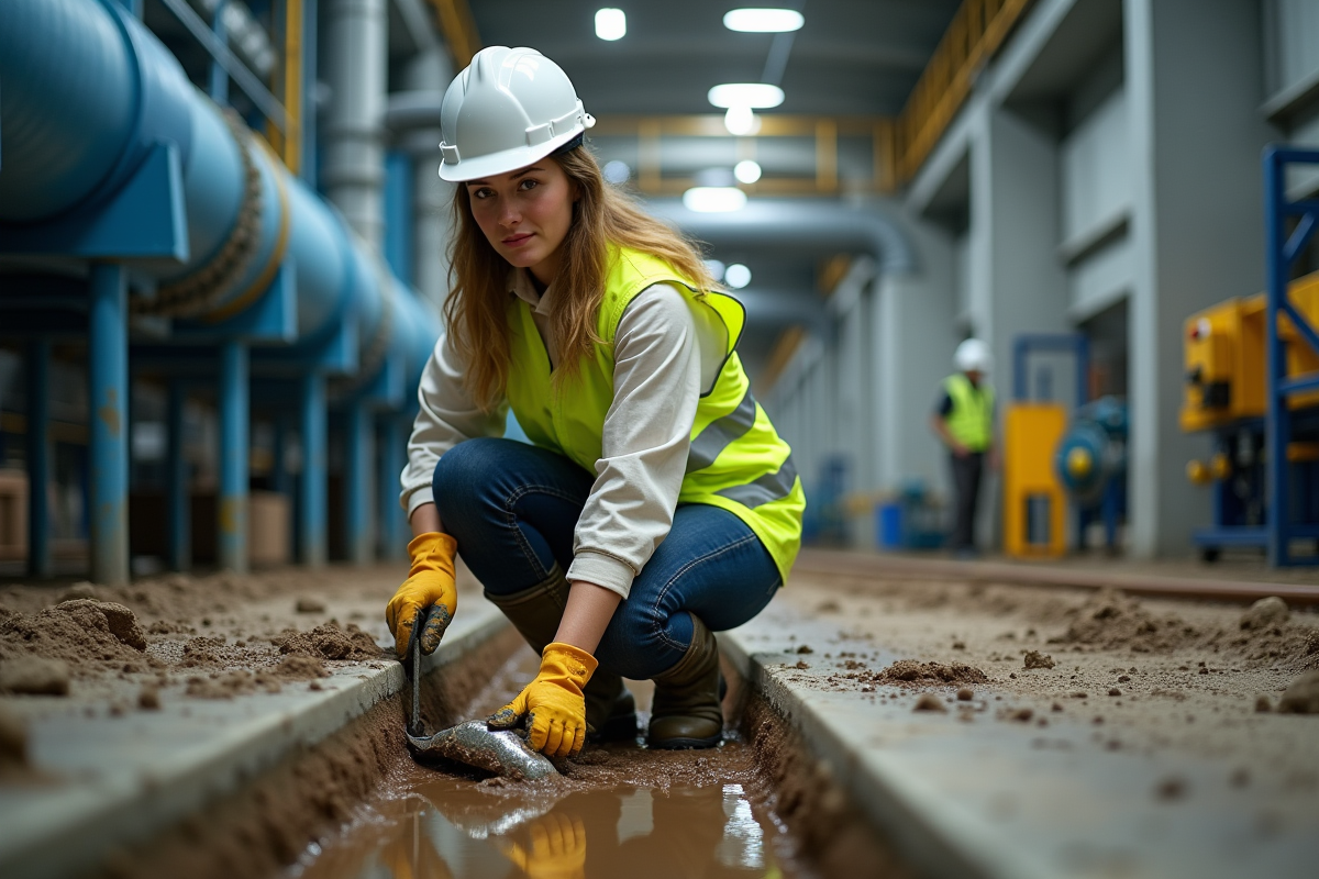 Jeune femme ingénieure en gilet jaune collectant un échantillon de boue