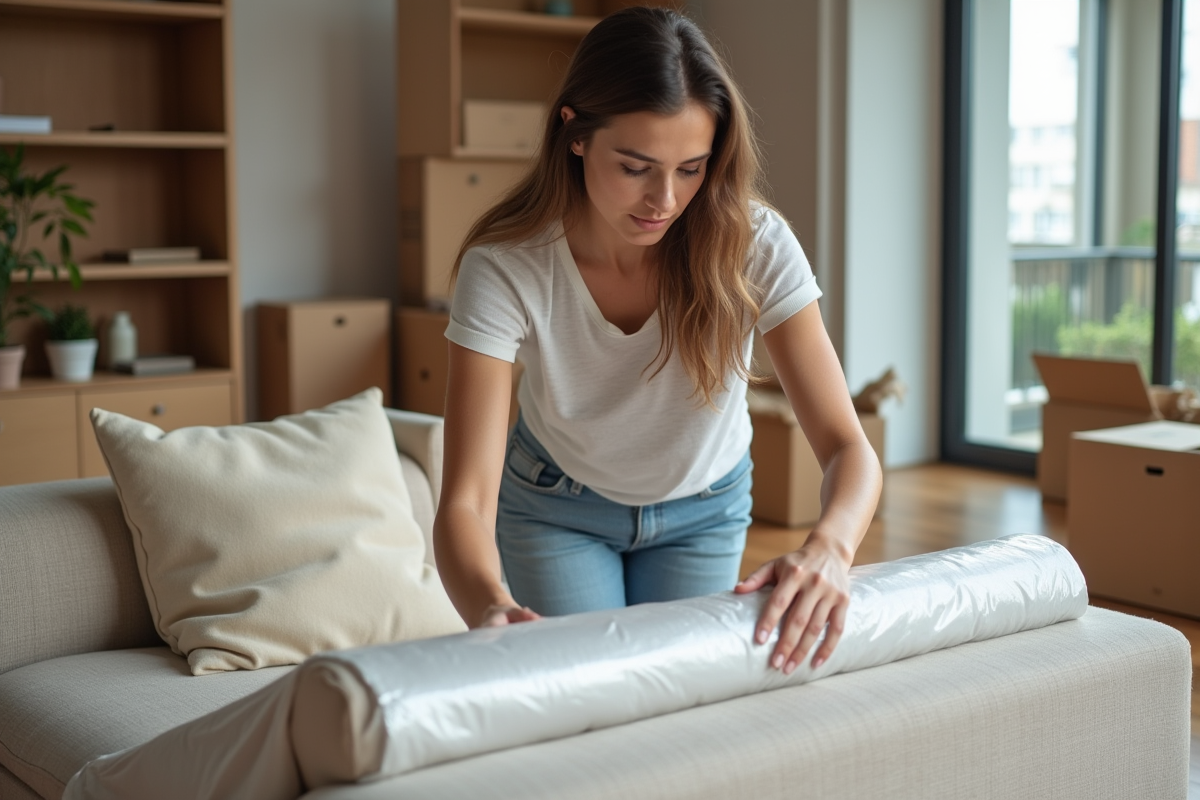 Jeune femme emballant un canapé beige dans un salon lumineux