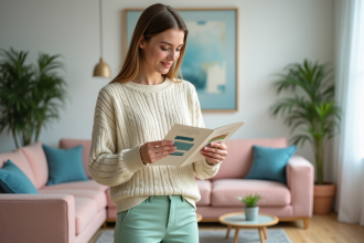 Jeune femme examine des échantillons de couleurs dans un salon moderne