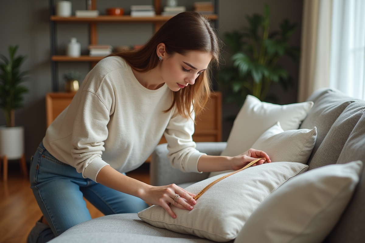 Jeune femme mesure un coussin décoratif dans un salon moderne