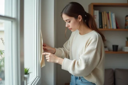 Jeune femme retirant des r&eacute;sidus d'adh&eacute;sif d'une fen&ecirc;tre PVC