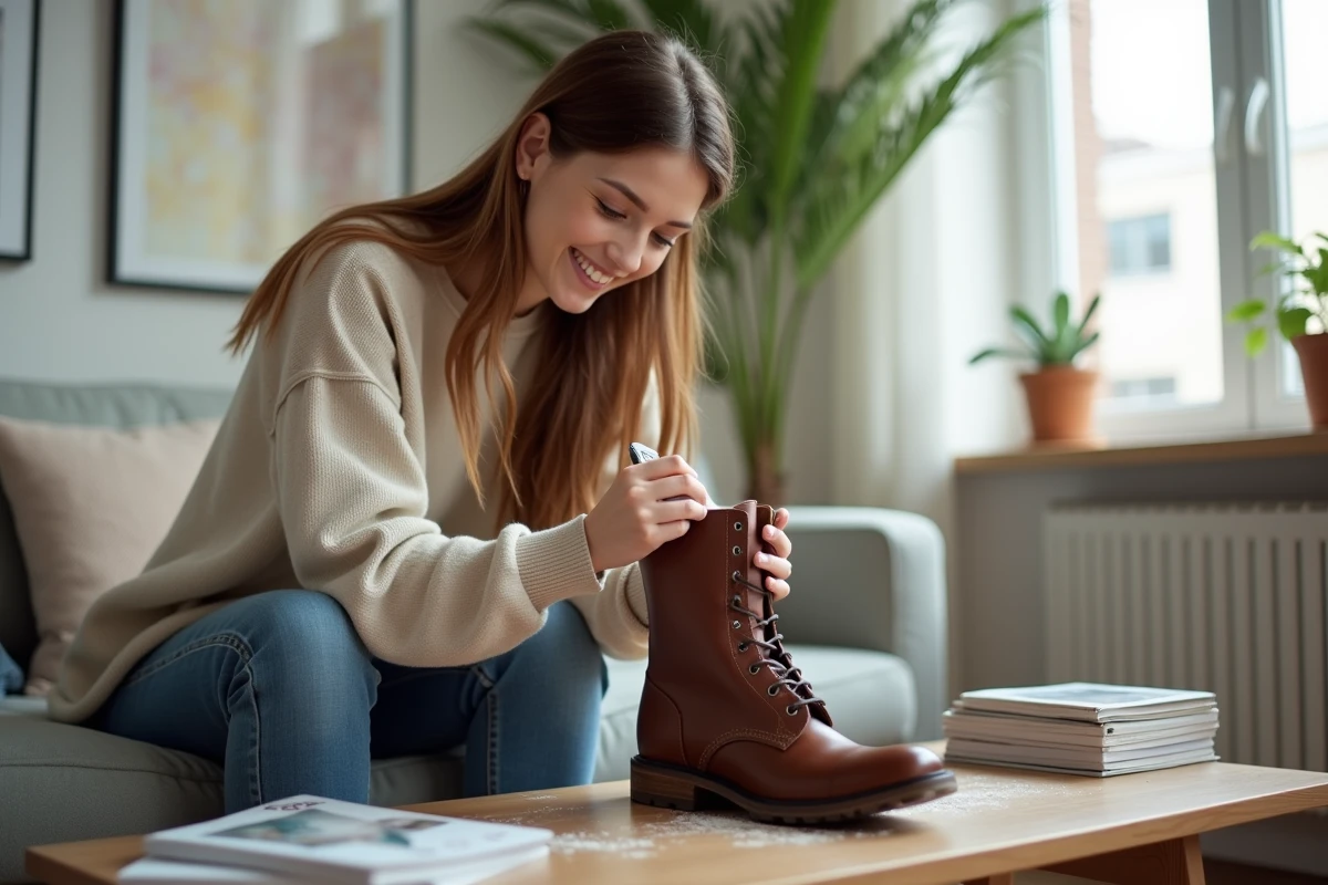 Jeune femme polissant une botte en cuir dans son salon