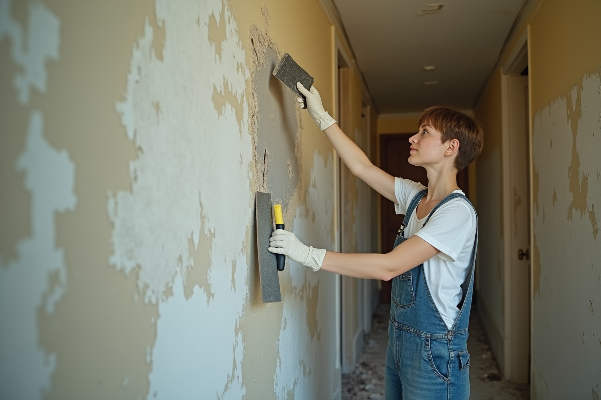 Jeune femme en protection en train de retirer la peinture dans un couloir