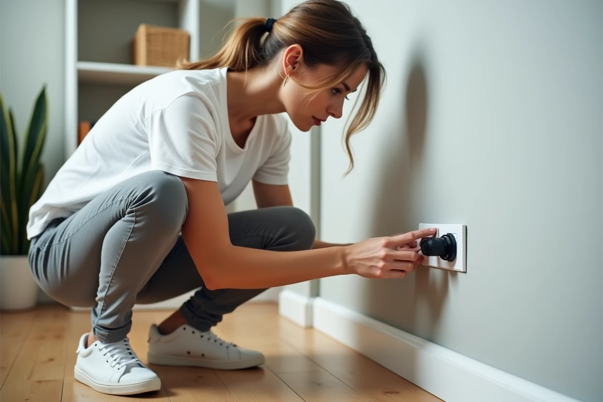 Jeune femme contrôle un raccord électrique dans une maison moderne