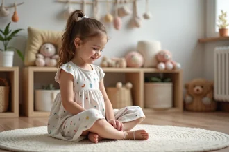 Jeune fille de 6 ans arrangeant ses peluches dans une chambre pastel