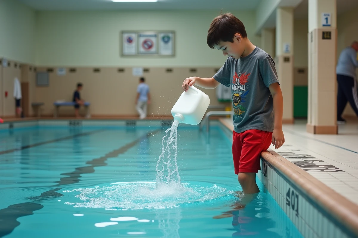 Jeune gar&ccedil;on versant du liquide dans la piscine int&eacute;rieure