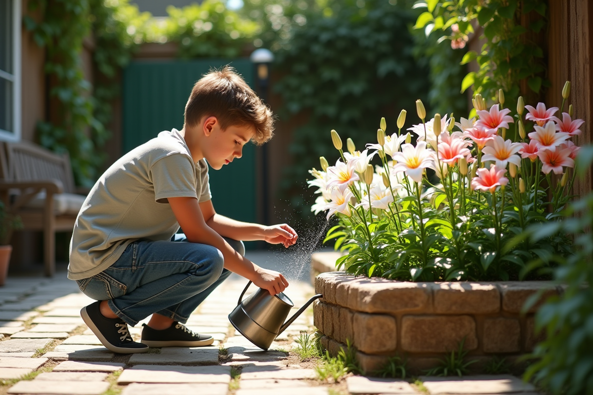 Jeune garçon arrosant des lilies dans un jardin ensoleille