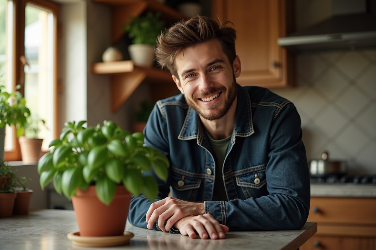 Jeune homme dans une cuisine avec basilic en pot