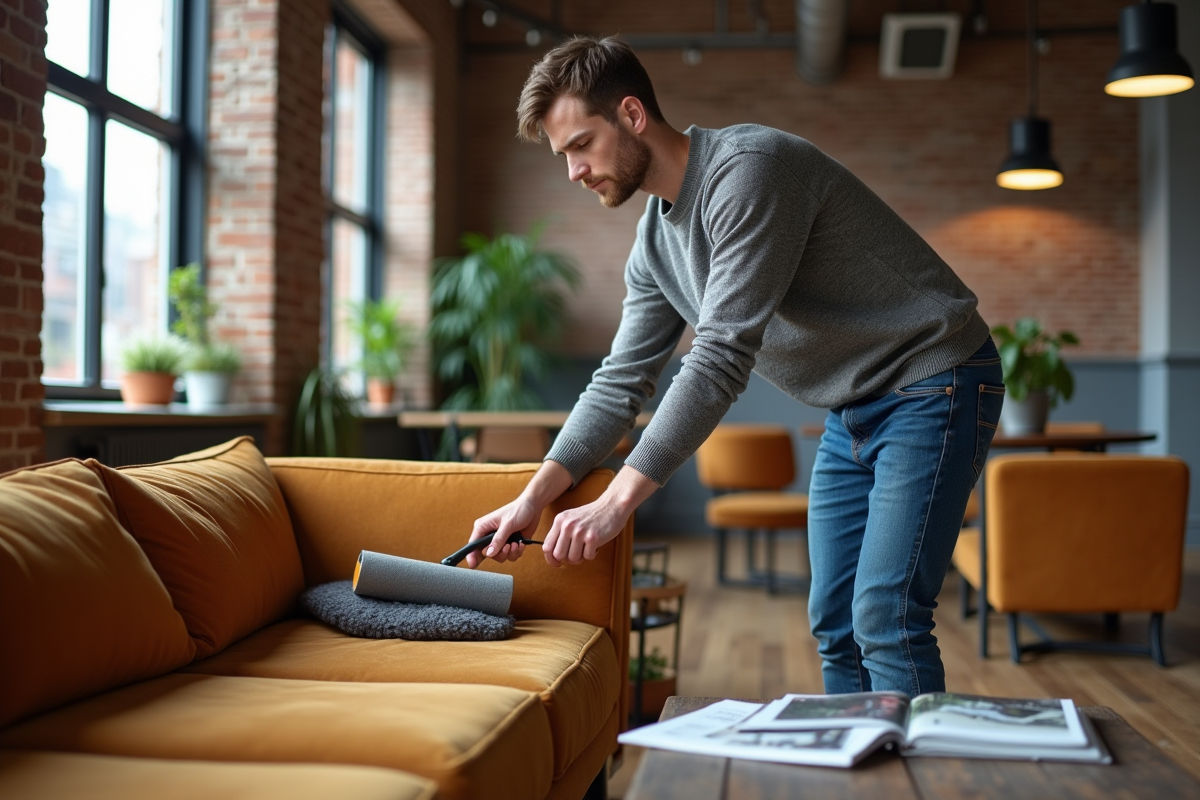 Jeune homme nettoyant un canapé en cuir suède