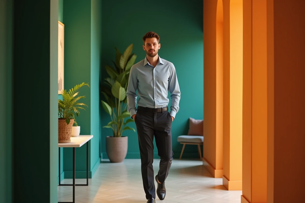 Jeune homme marche dans un couloir vert avec accents orange