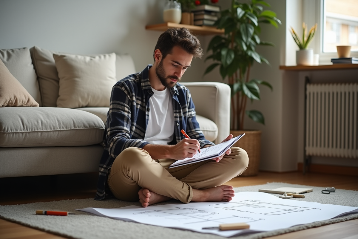 Jeune homme esquissant les dimensions du canapé sur un carnet