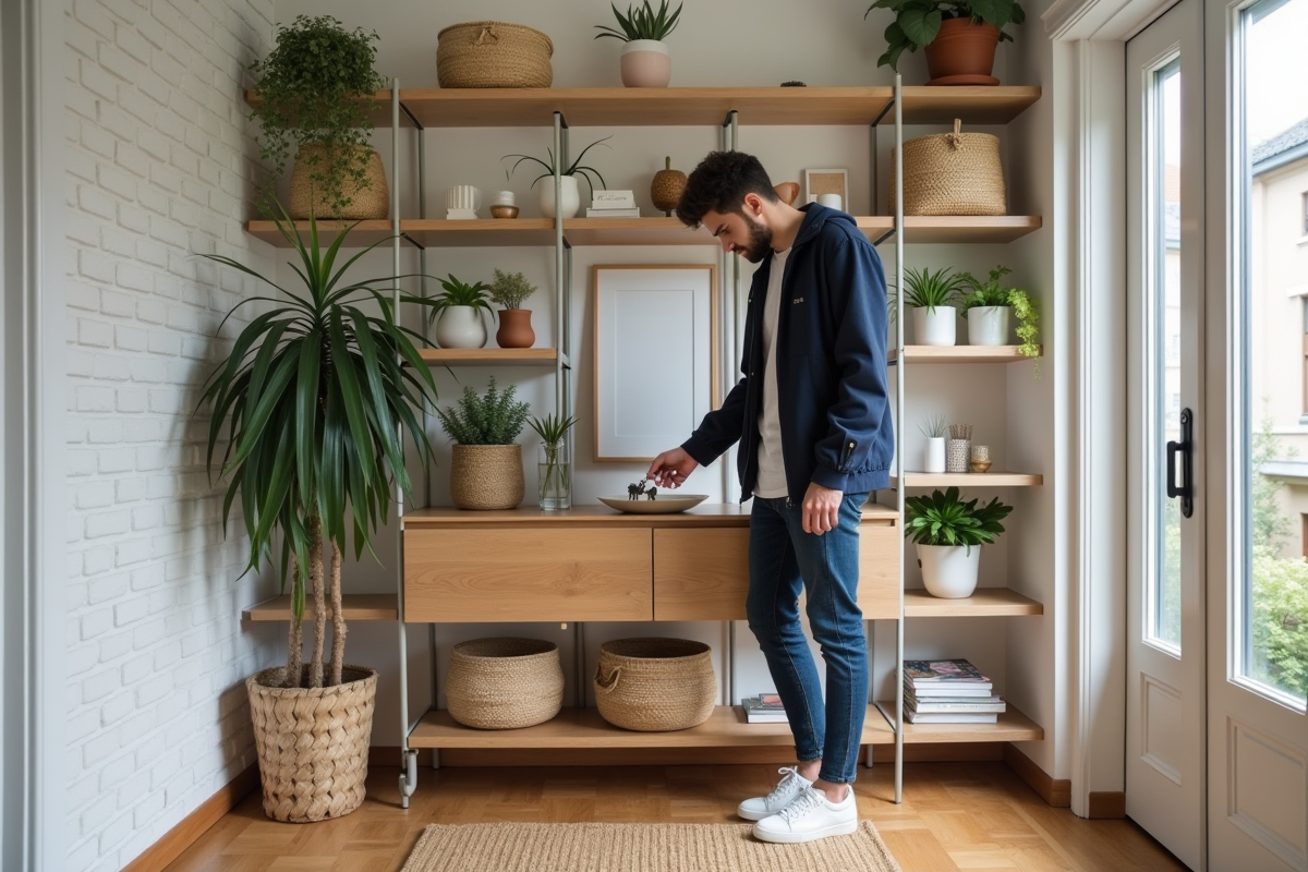 Jeune homme posant ses clés sur une étagère d