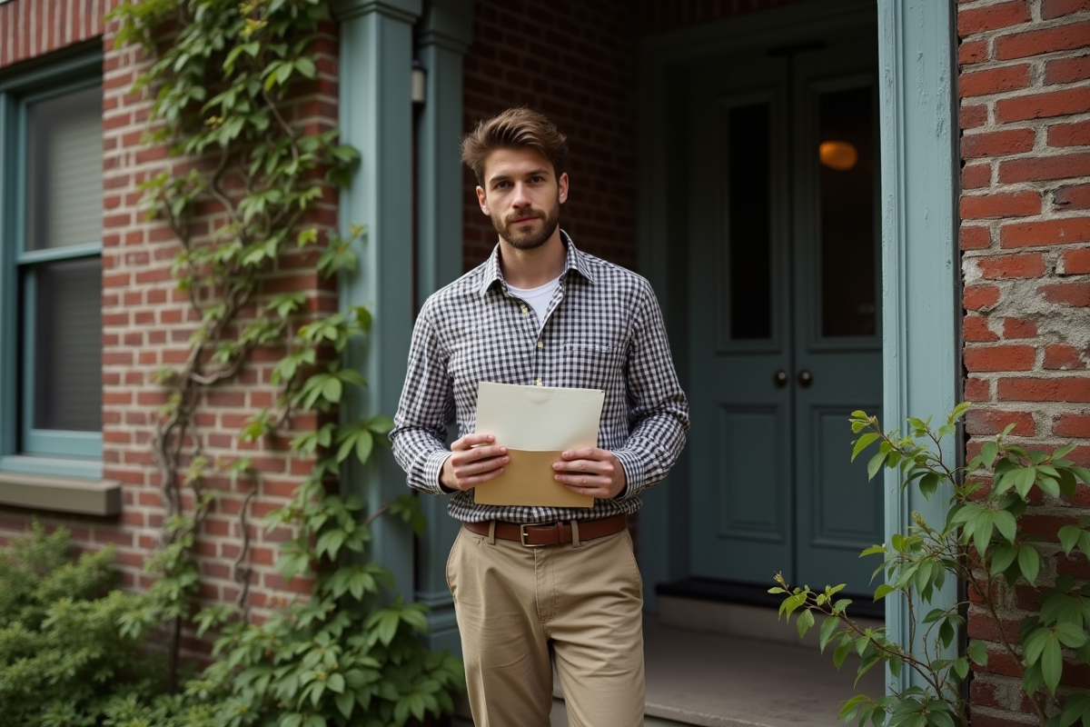 Jeune homme devant une maison en briques ancienne