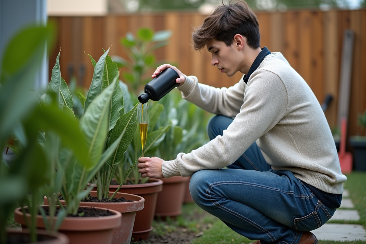 Jeune homme arrosant une plante en extérieur dans le jardin