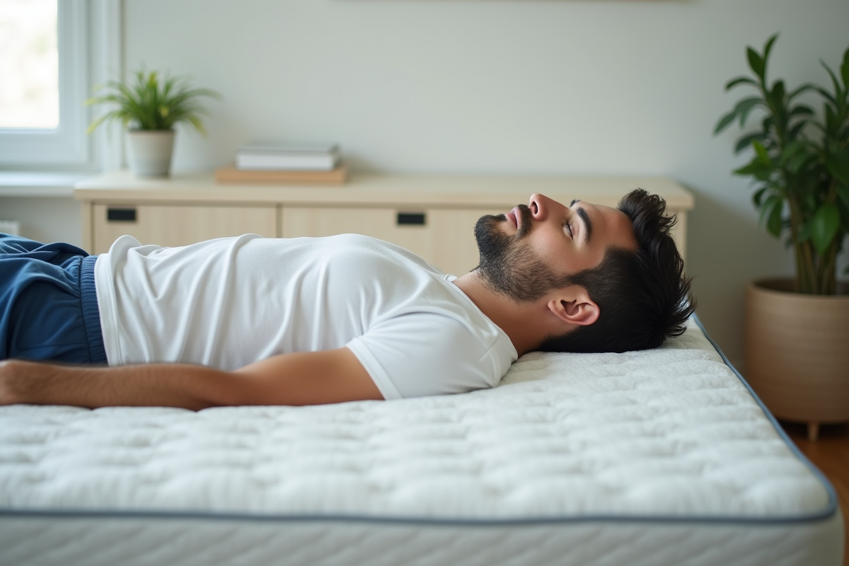 Jeune homme en blanc sur un matelas moderne et épuré