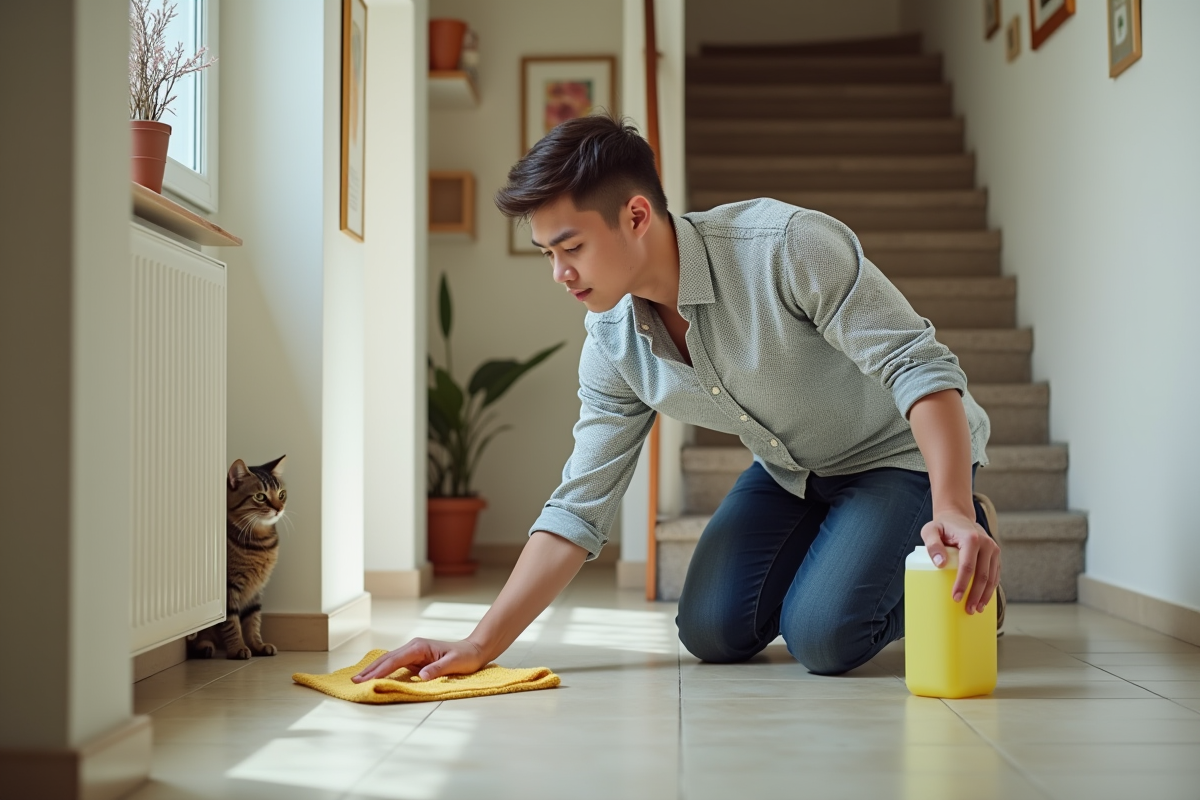 Jeune homme nettoyant un sol de couloir avec un chat curieux