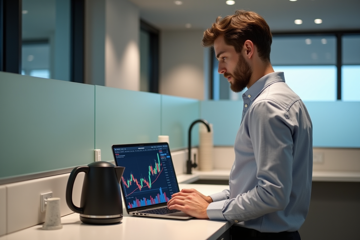 Jeune homme examine un graphique avec une bouilloire électrique