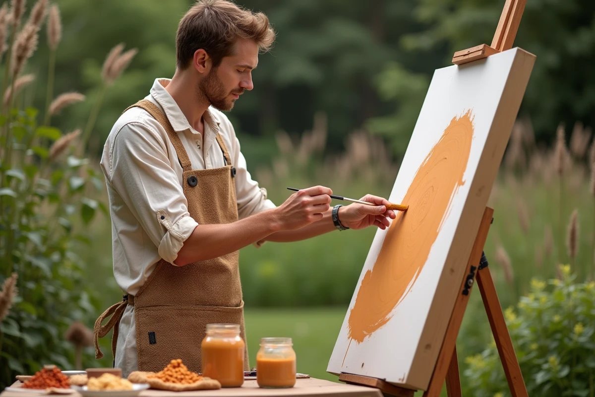 Jeune homme peignant en ext&eacute;rieur avec des mat&eacute;riaux naturels et textures organiques
