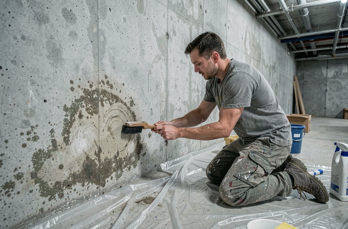 Homme lessivant le bas d'un mur en béton très sale dans un sous-sol non rénové