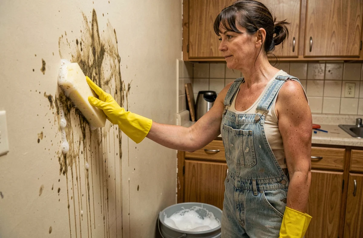Femme en salopette lessivant un mur très sale avant peinture dans une cuisine ancienne