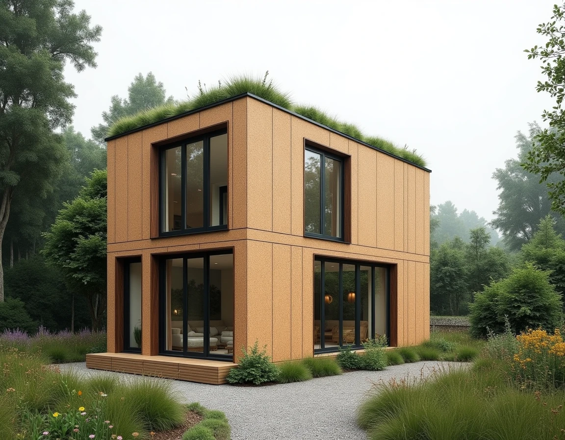 Maison modulaire écologique à deux étages avec toiture végétalisée et bardage en liège dans un jardin naturel