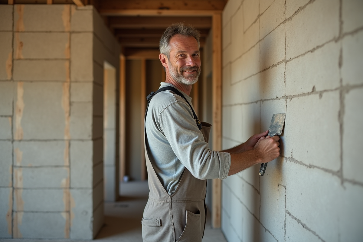 Maçon appliquant un enduit lime naturel sur un mur en chanvre