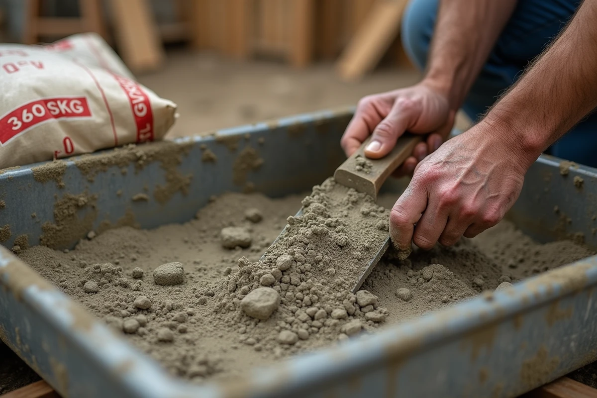 Mélange béton dosé à 350 kg avec sable et gravier en cours de gâchage à la truelle sur chantier