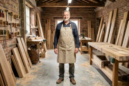 Menuisier expérimenté dans un atelier de menuiserie bois en Haute-Garonne, entouré de planches de chêne et d'outils traditionnels