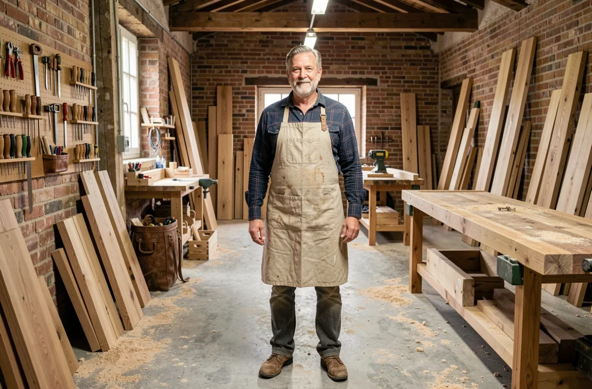 Menuisier expérimenté dans un atelier de menuiserie bois en Haute-Garonne, entouré de planches de chêne et d'outils traditionnels
