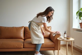 Femme nettoyant un canapé en cuir aniline avec un chiffon microfibre dans un salon scandinave