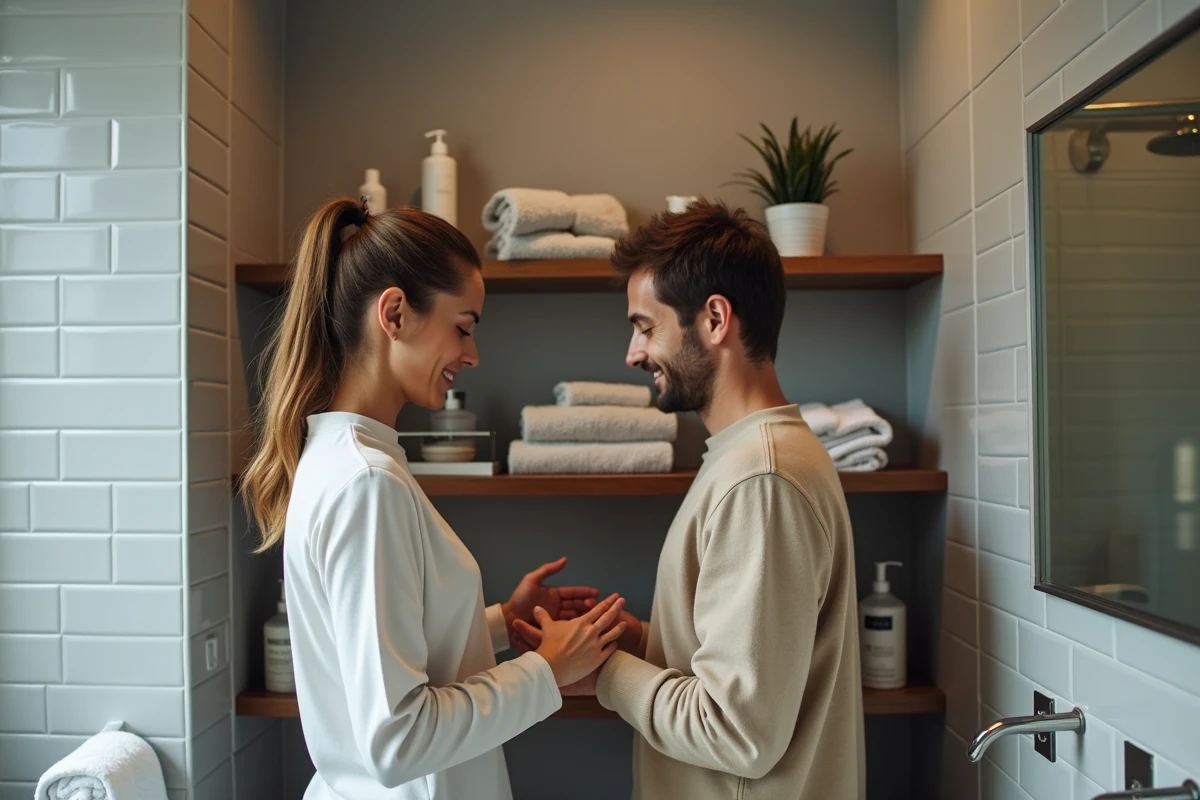 Deux personnes organisant des étagères de salle de bain dans un appartement