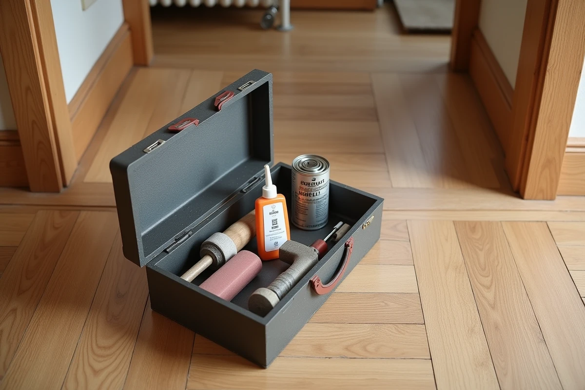 Boîte à outils de réparation parquet posée sur un plancher en chêne avec colle, seringue injecteur et cire pour traiter les grincements