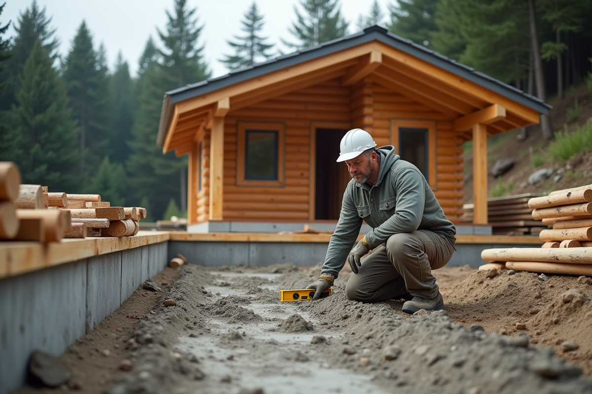 Ouvrier vérifiant la fondation en béton d'un chalet en forêt