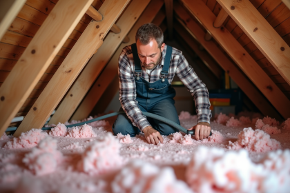 Homme en overalls appliquant l'isolation dans un grenier