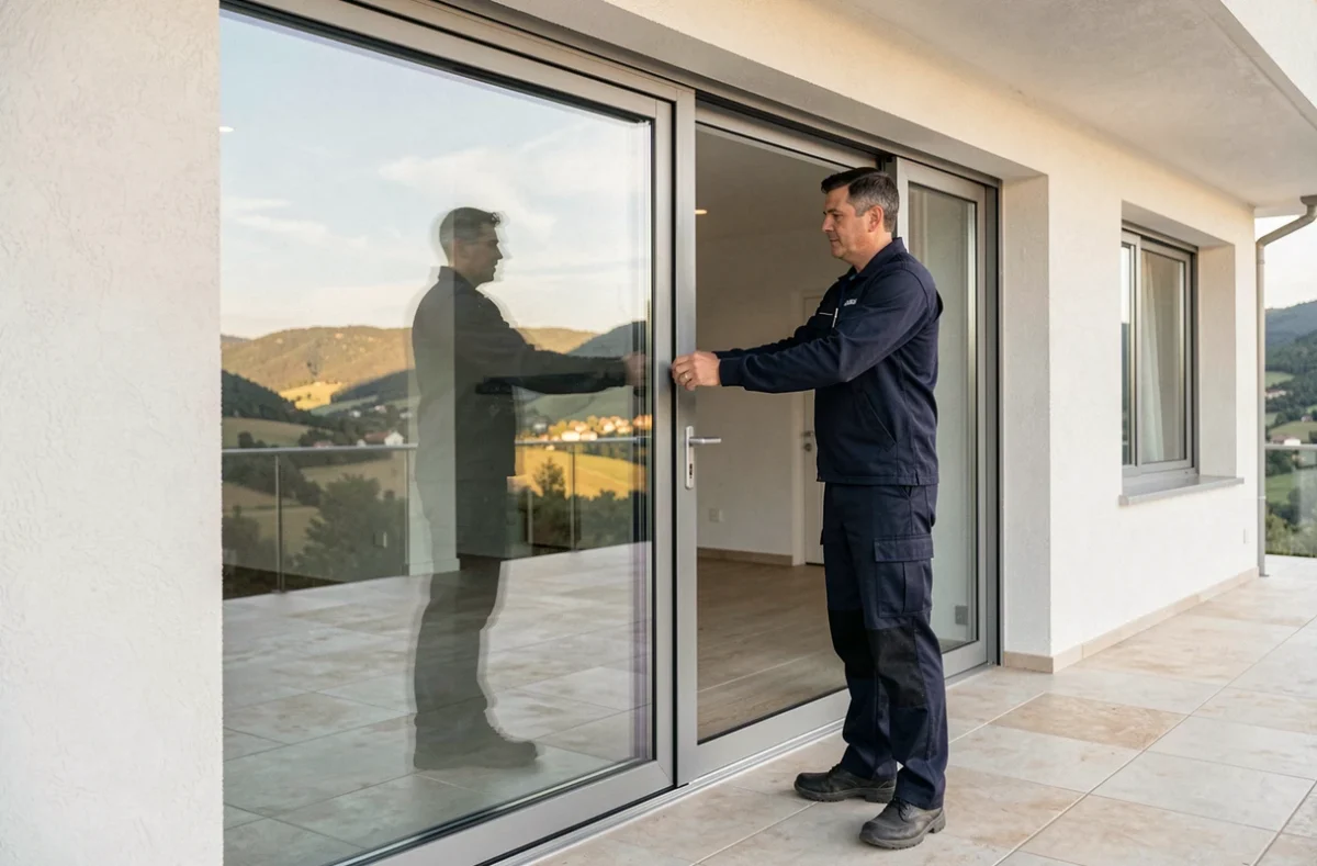 Installateur de Palacin présentant un système de baie vitrée coulissante dans une villa contemporaine avec vue panoramique sur les collines de Haute-Garonne