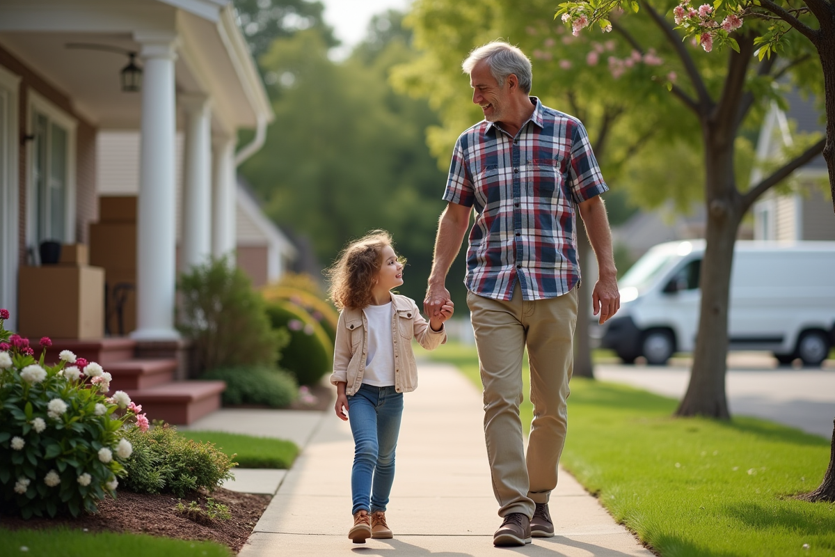 Pere et fille marchant devant une maison neuve