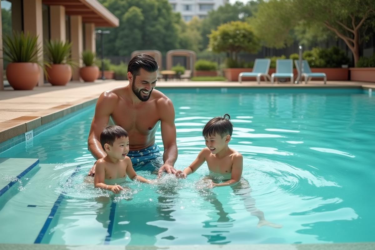 Père et enfants jouent dans la piscine en extérieur