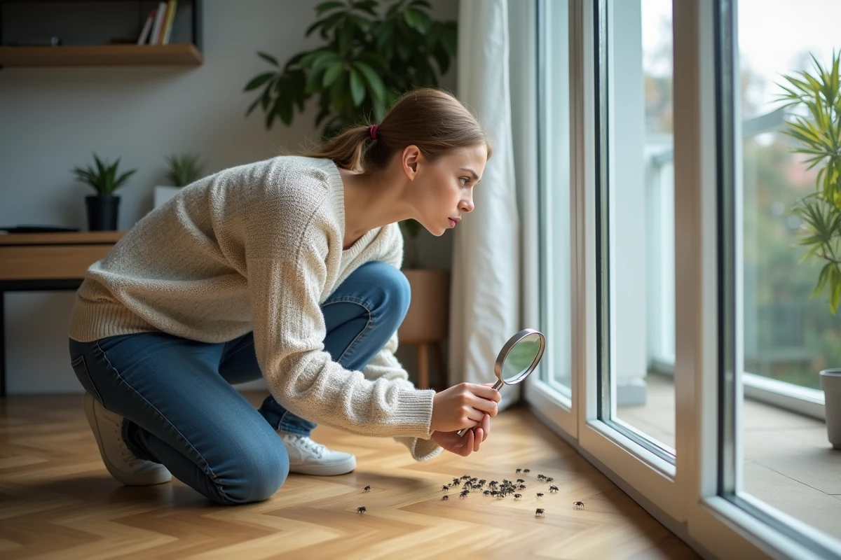 Personne examinant de petites bêtes noires sur le rebord d'une fenêtre avec une loupe dans un appartement moderne
