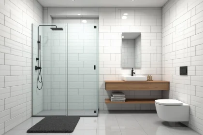 Petite salle de bain de 4m² avec douche à l'italienne, carrelage blanc et vasque suspendue